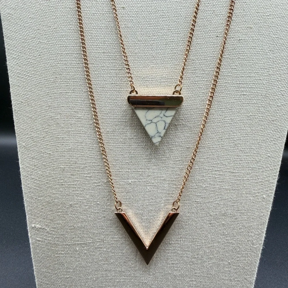 Rose Gold Tone Layered Necklace White Stone Triangle V Pendant Boho Statement